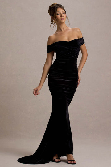 Apolline Black Velvet Off The Shoulder Ruched Fishtail Maxi Dress